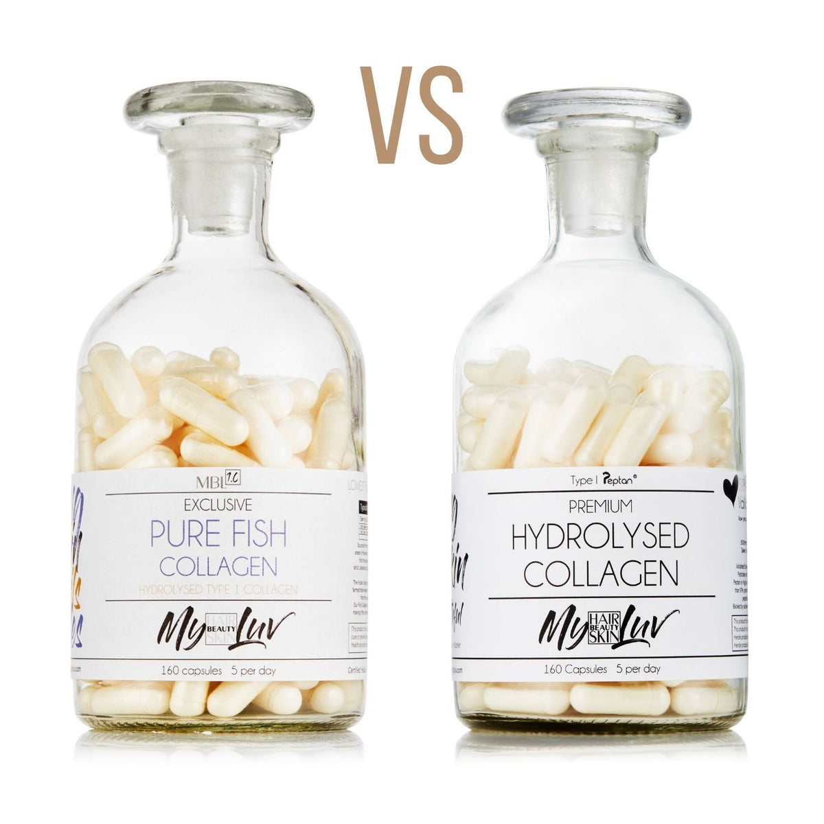 My Beauty Luv Pure Aquatic Fish Collagen and Peptan bovine collagen capsule bottles side by side