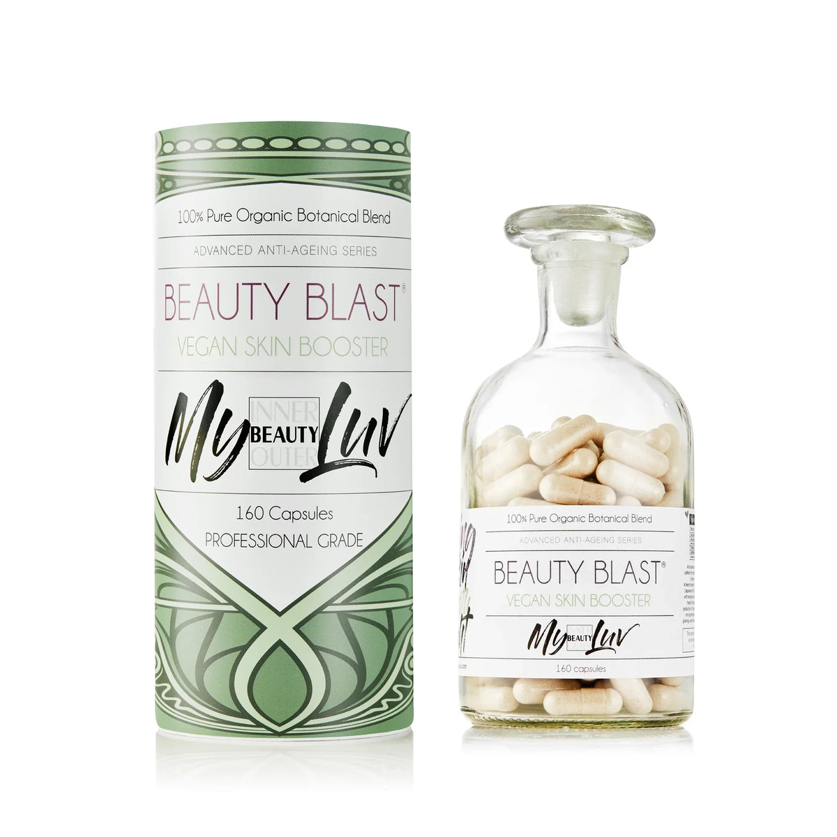 A glass supplement bottle and packaging with the label Beauty Blast® by My Beauty Luv