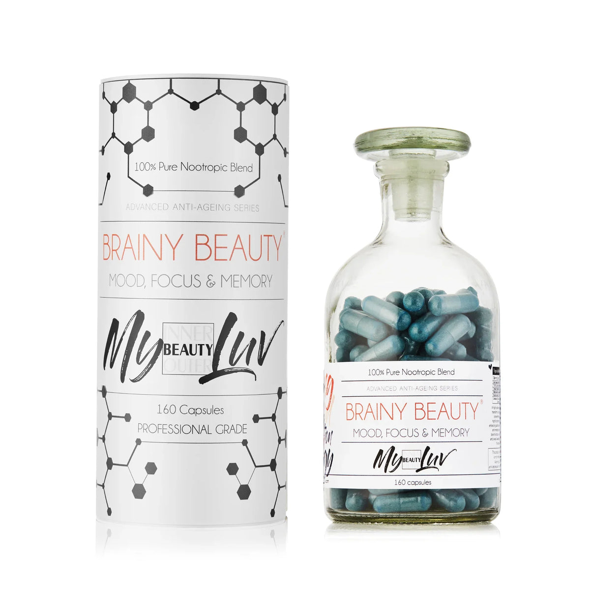 A supplement bottle labelled Brainy Beauty® by My Beauty Luv