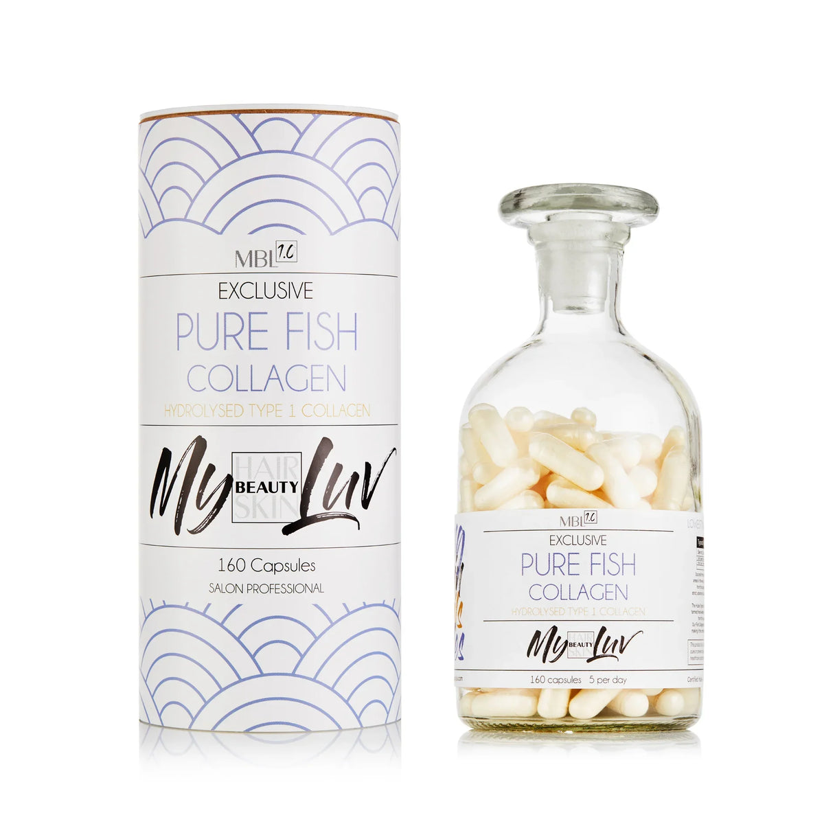 A glass supplement bottle with the label Pure Fish Hydrolysed Type 1 Collagen by My Beauty Luv
