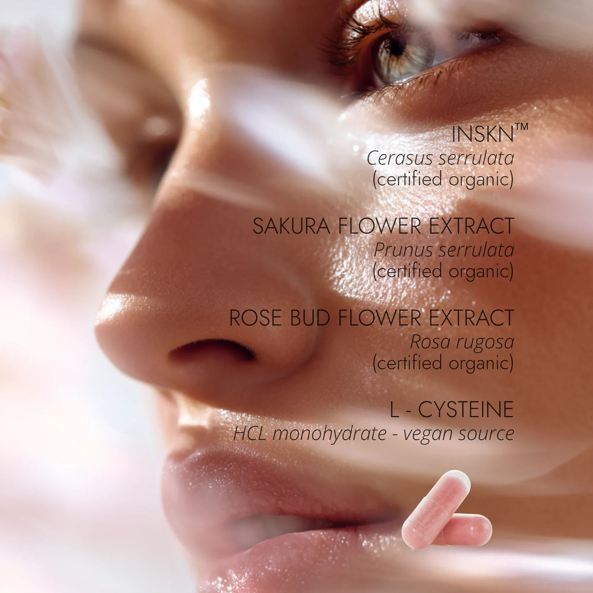 Close-up of a person's face with skincare ingredients listed on a blurred background