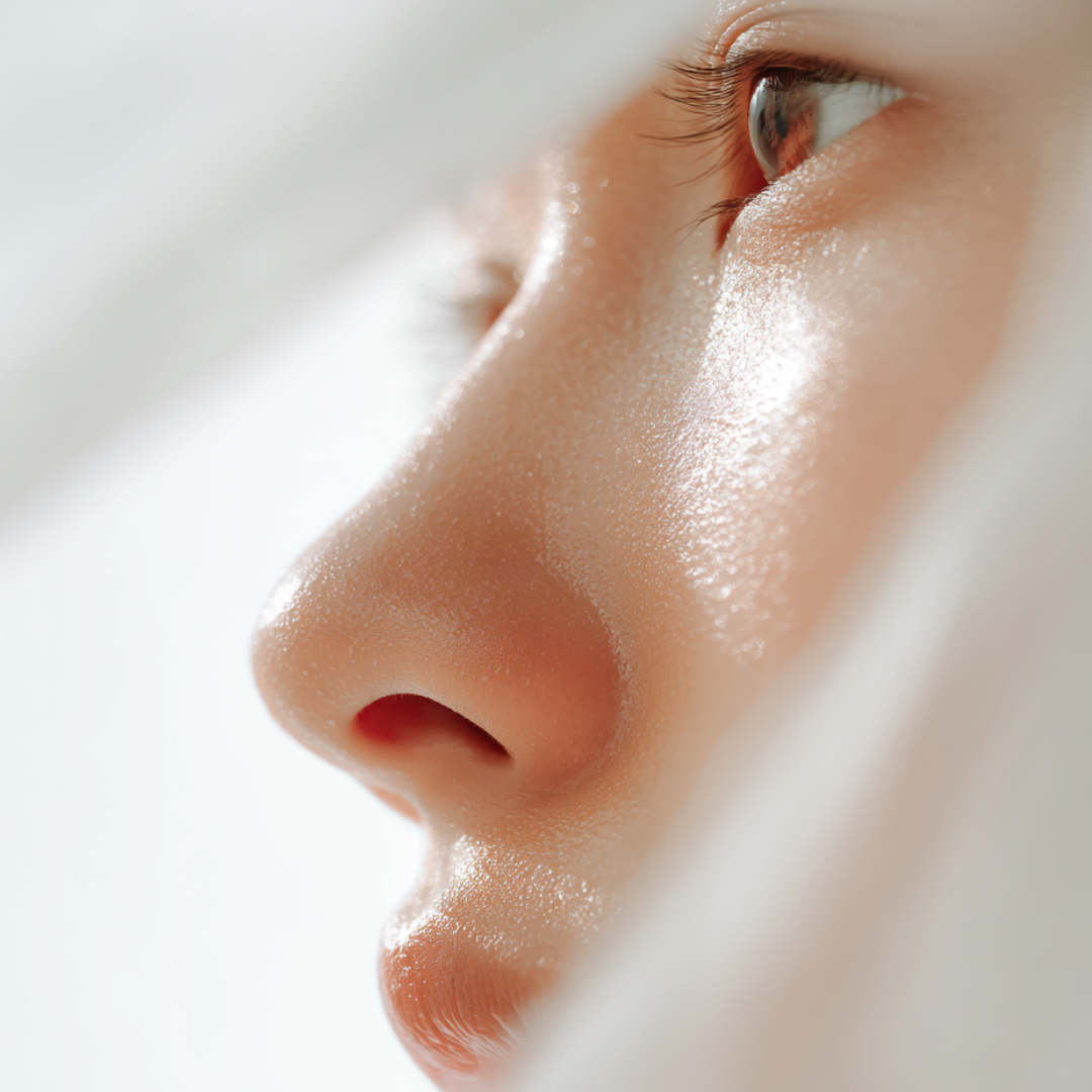 Close-up of an Asian woman's face profile and part of their face on a light background
