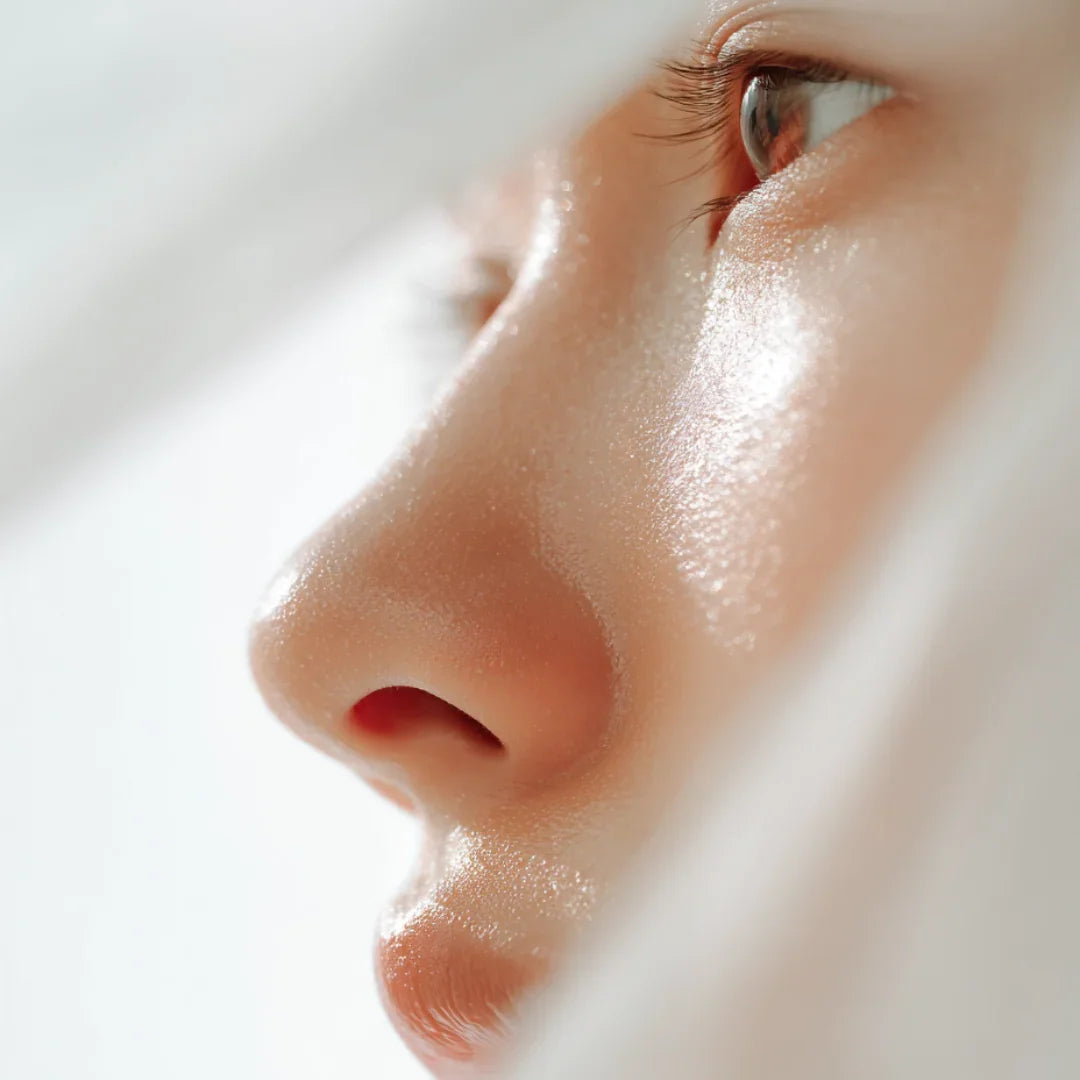 Close-up of an Asian woman's face profile and part of their face on a light background