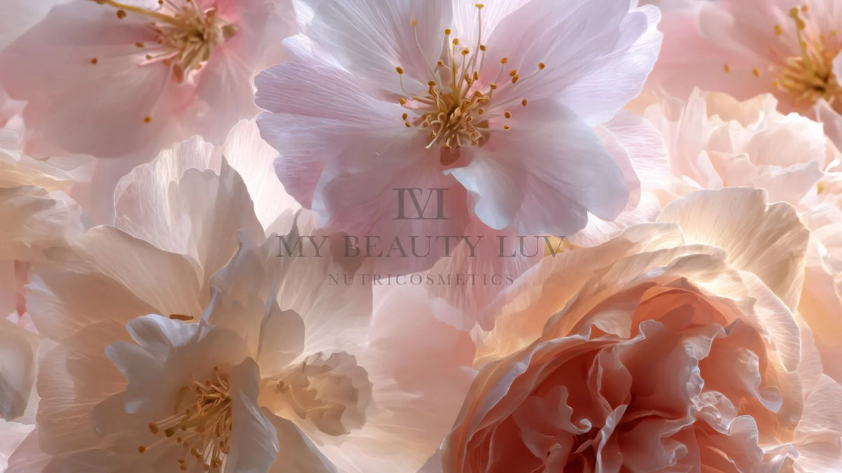 Close-up of pink and white flowers with 'My Beauty Luv' branding.