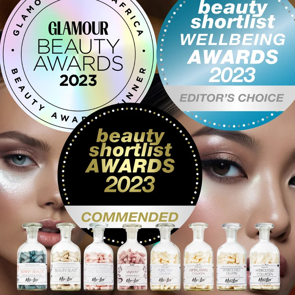 Collage of beauty awards with bottles at the bottom