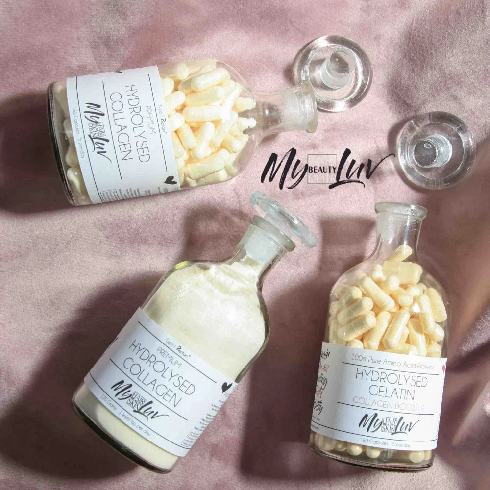 Three bottles labeled 'Hydrolysed Collagen' with visible brand 'My Beauty Luv' on a pink background.
