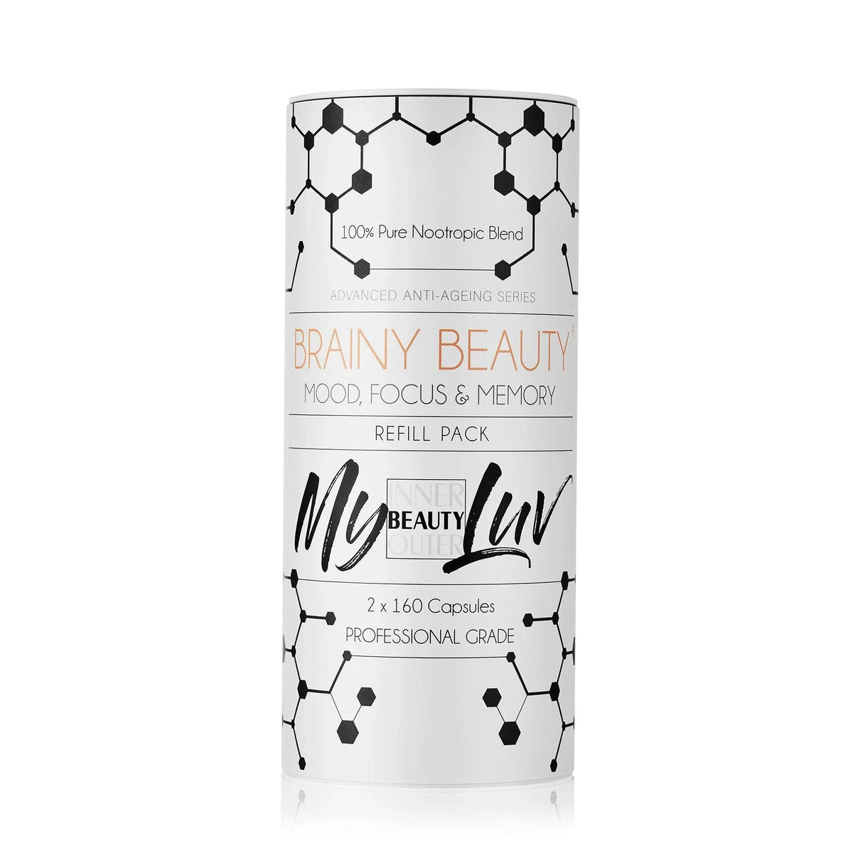 A supplement pack with the label Brainy Beauty® - 3 to 6 Month REFILL Pack by My Beauty Luv