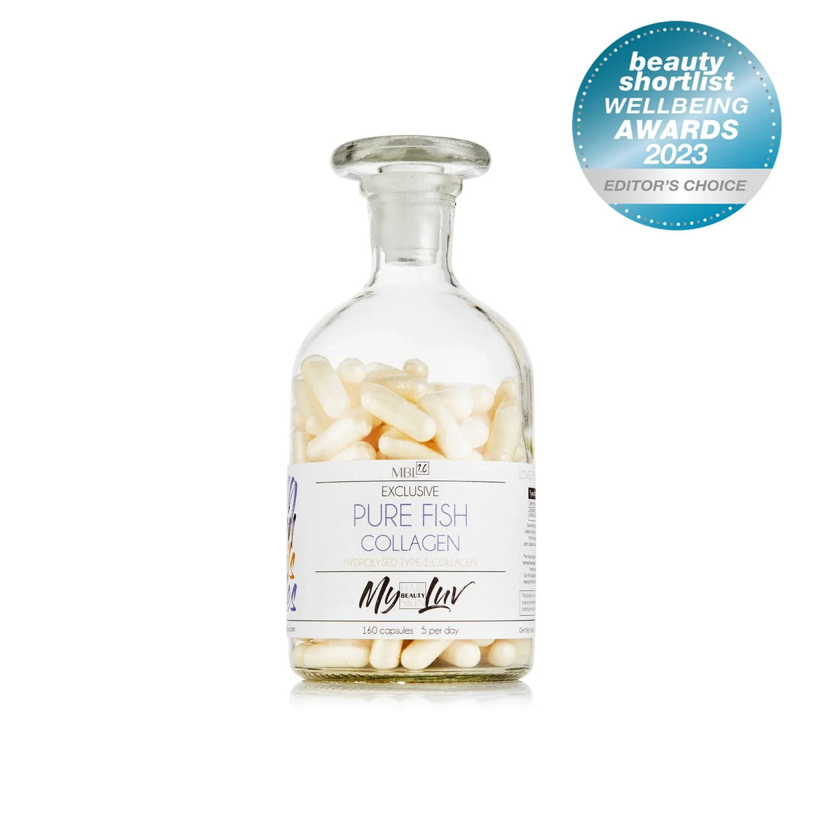 A glass supplement bottle with the label Pure Fish Hydrolysed Type 1 Collagen by My Beauty Luv