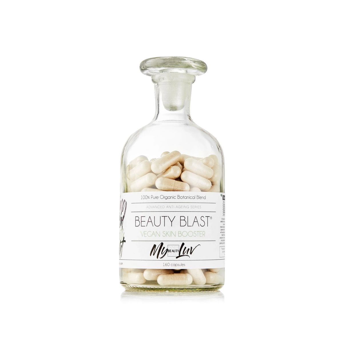 A glass supplement bottle with the label Beauty Blast® by My Beauty Luv