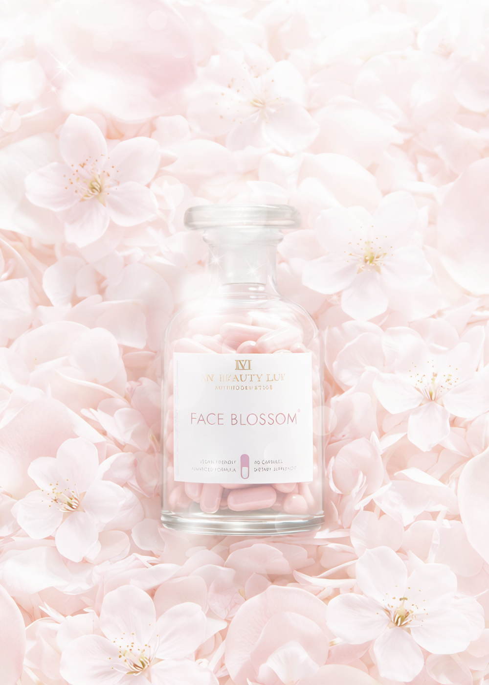 Supplement bottle labeled 'Face Blossom' on a bed of pink flowers