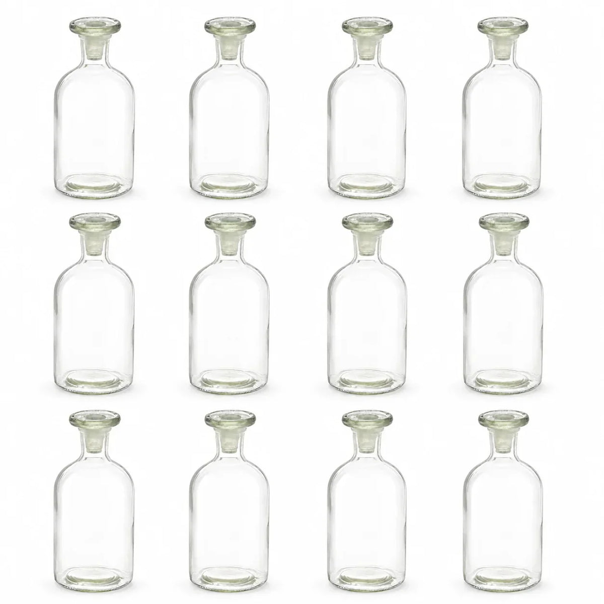 Twelve clear glass dropper bottles arranged in a 3-by-4 grid on a plain white background.