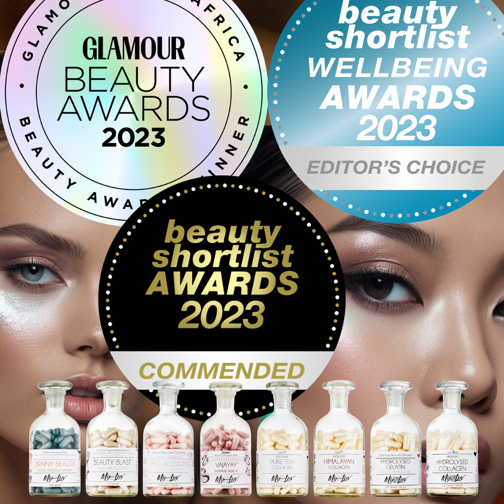 Collage of beauty awards with bottles at the bottom